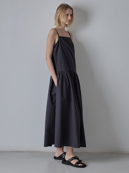 [facade pattern] Square Neck Volume Sleeveless Dress - Blue Charcoal