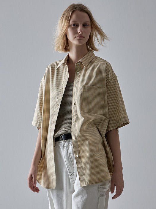 [facade pattern] Overfit Check Half Shirt - Mustard