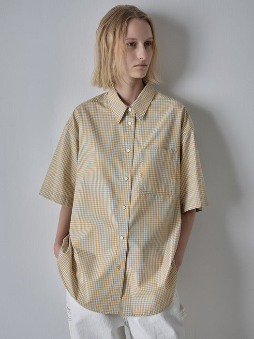 [facade pattern] Overfit Check Half Shirt - Mustard