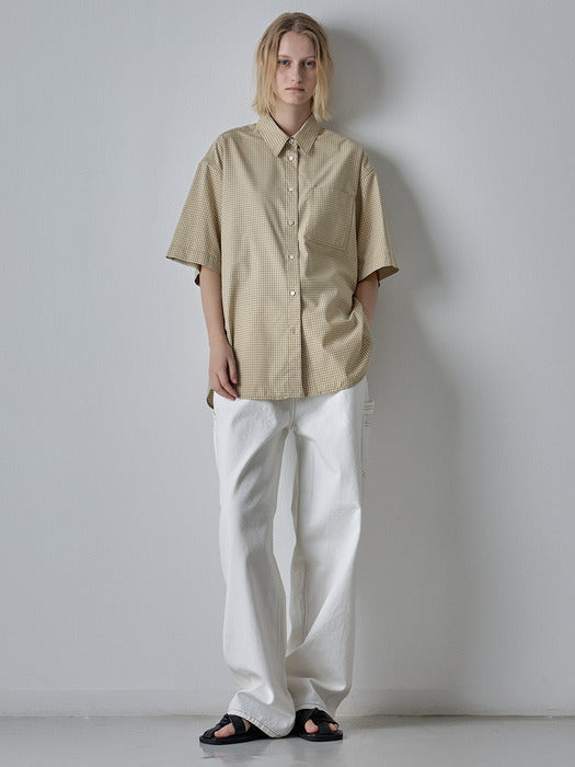 Facade Pattern Oversized Check Half Shirt mustard