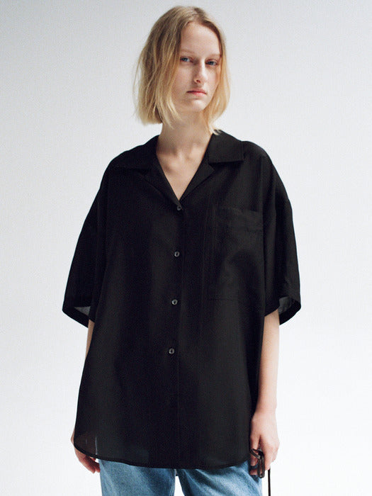 Facade Pattern Open Collar Half Shirt black
