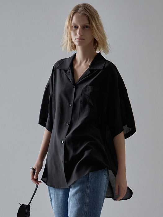 Facade Pattern Open Collar Half Shirt black