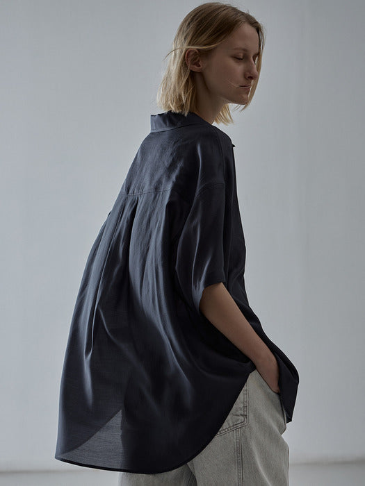 Facade Pattern Open Collar Half Shirt blue charcoal