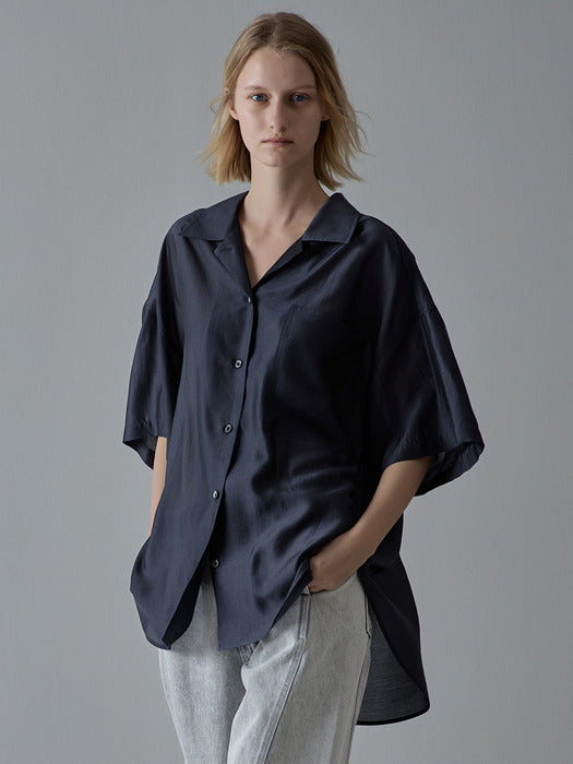 Facade Pattern Open Collar Half Shirt blue charcoal