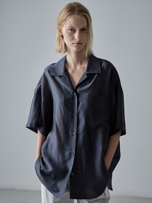 Facade Pattern Open Collar Half Shirt blue charcoal