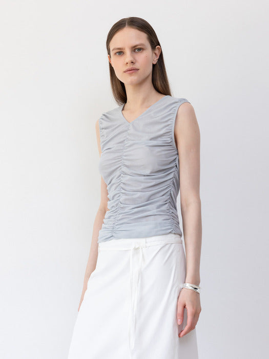 Loeuvre Sheer Shirring Sleeveless Top