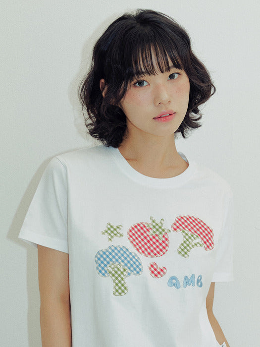 [ambler] Tomato Broccoli Duo Patch Check Patch T-Shirts AS1224 (White)
