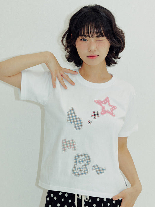 [ambler] AMB ANGEL Check Patch T-Shirts AS1225 (White)