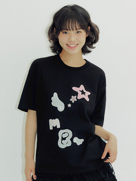 [ambler] AMB ANGEL Check Patch T-Shirts AS1225 (Black)