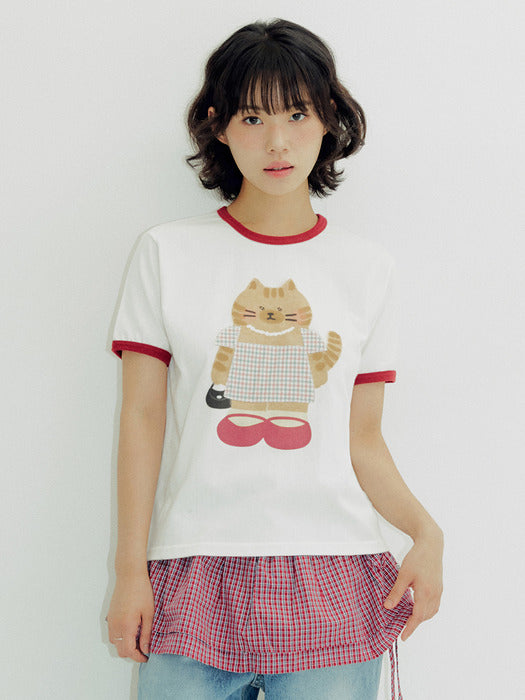 [ambler] CAT in a dress Check Patch Semi Crop Ringer T-Shirts ACR604 (Ivory)