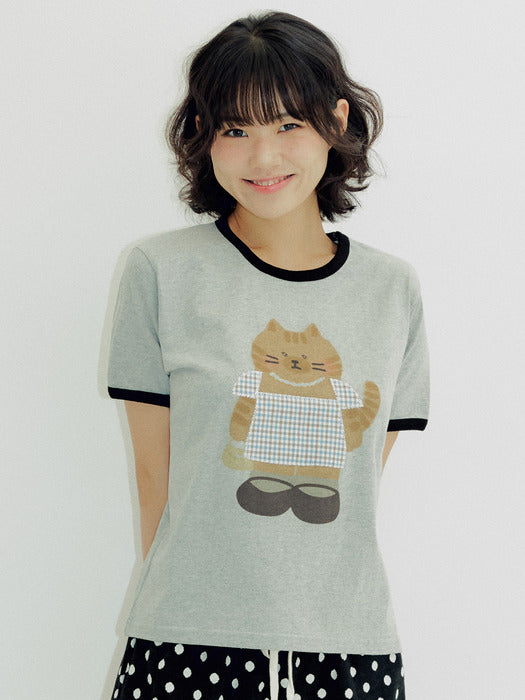 [ambler] CAT in a dress Check Patch Semi Crop Ringer T-Shirts ACR604 (Melange)