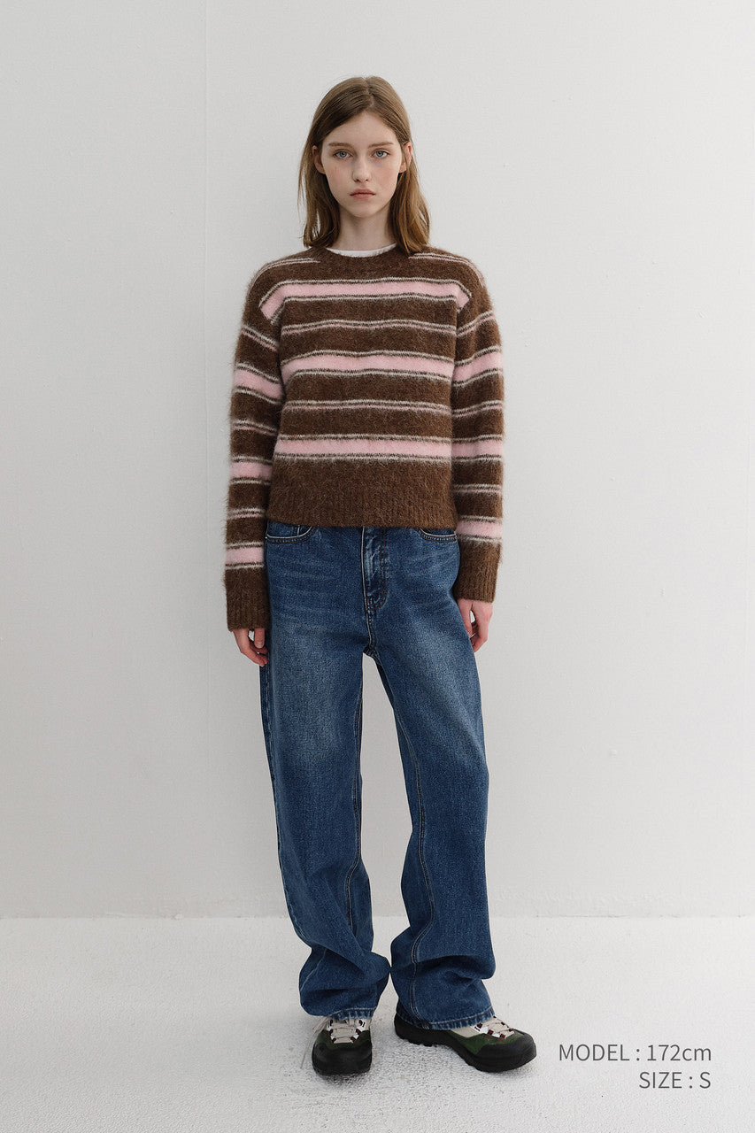 Dunst Unisex Striped Hairy Sweater Brown Pink