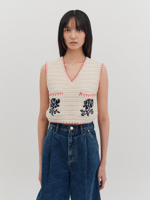 [EENK] [K] Floral Jacquard Knitwear Vest - 2 Colors