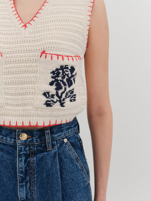 [EENK] [K] Floral Jacquard Knitwear Vest - 2 Colors