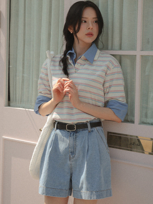 [TILLIDIE] Striped collar t-shirt TISU04TS02_Ivory