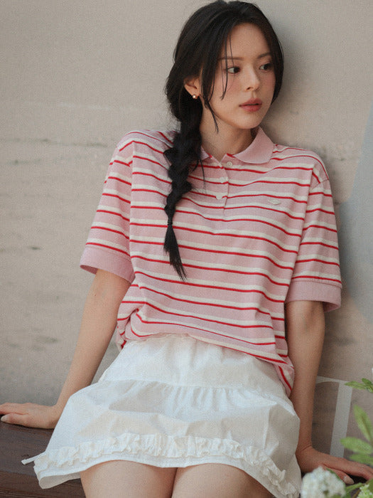 [TILLIDIE] Striped collar t-shirt TISU04TS01_Pink