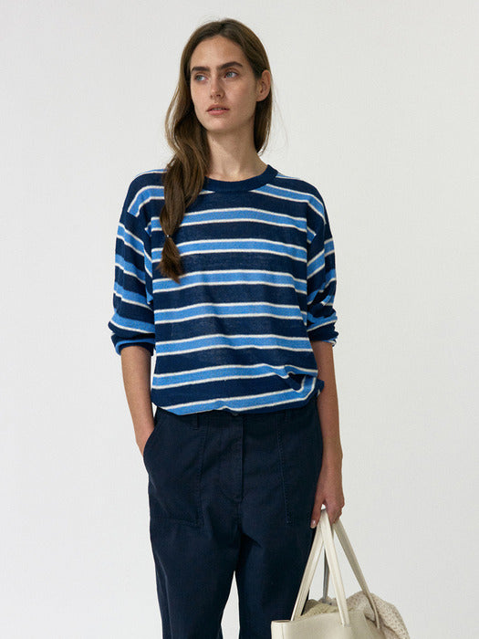 Nothing Written Stripe Round Pullover (Blue)