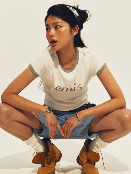 Emis Lettering Rhinestone T-Shirt-White