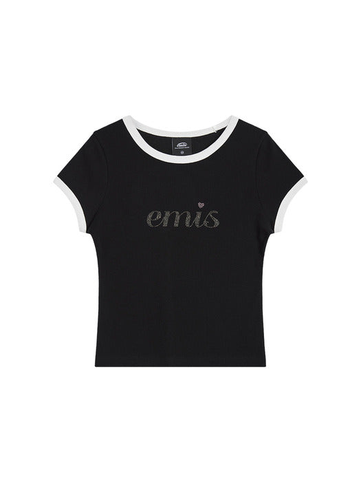 Emis Lettering Rhinestone T-Shirt-Black