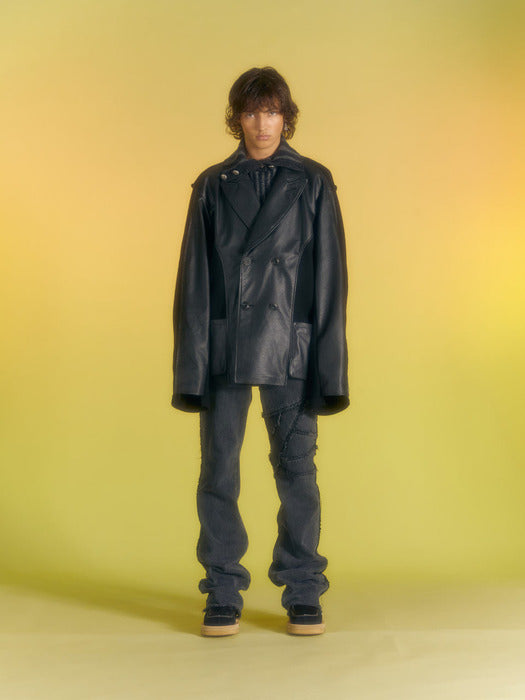[andersson bell] TEDDY LEATHER KNIT DOUBLE BREASTED JACKET awa561m(BLACK)