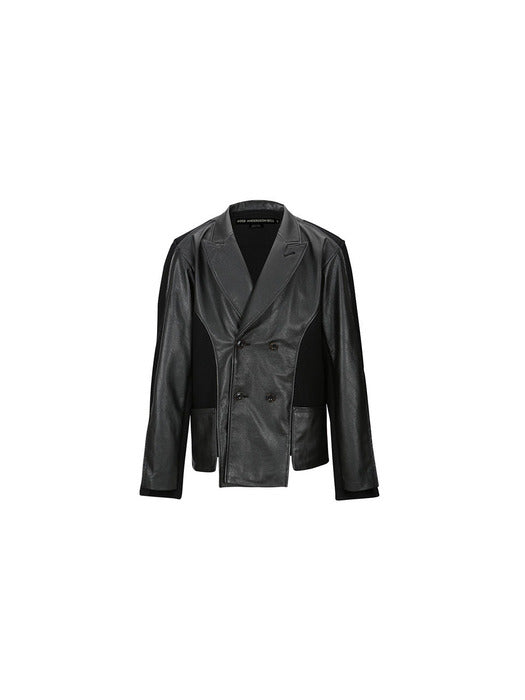 [andersson bell] TEDDY LEATHER KNIT DOUBLE BREASTED JACKET awa561m(BLACK)
