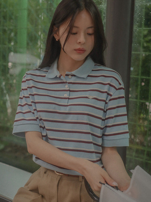 [TILLIDIE] Striped collar t-shirt TISU04TS03_Sky blue