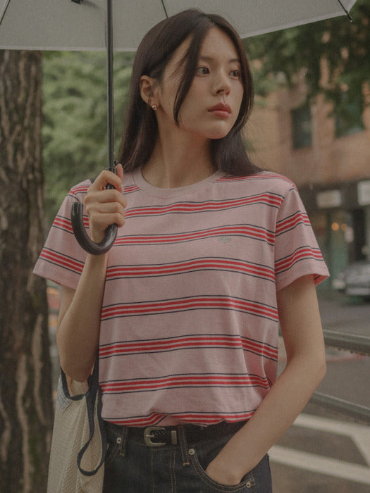 [TILLIDIE] Multi stripe cotton t-shirt_Pink