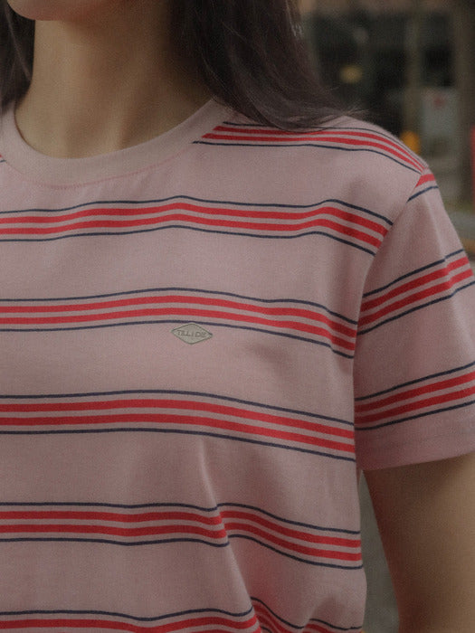 [TILLIDIE] Multi stripe cotton t-shirt_Pink