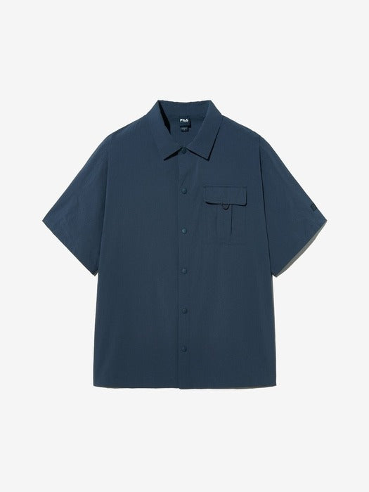 [UNI] Seersucker Short-Sleeve Collared Shacket