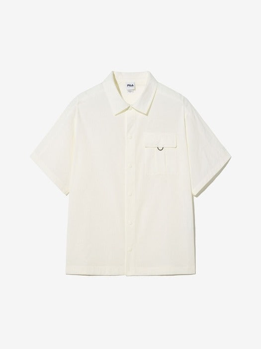 [UNI] Seersucker Short-Sleeve Collared Shacket