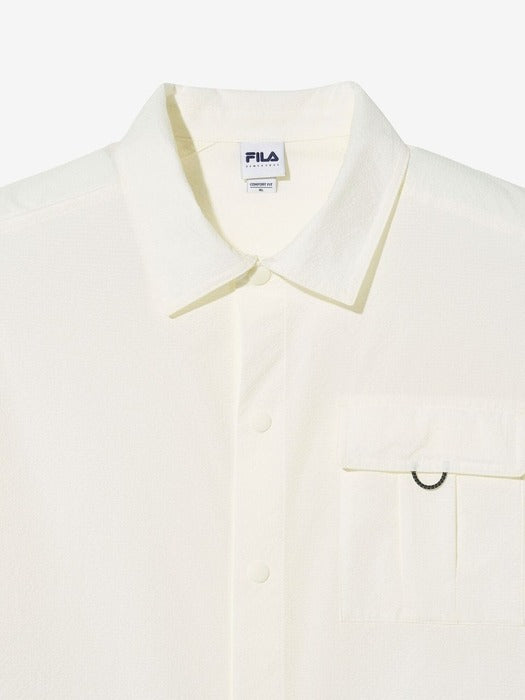 [UNI] Seersucker Short-Sleeve Collared Shacket