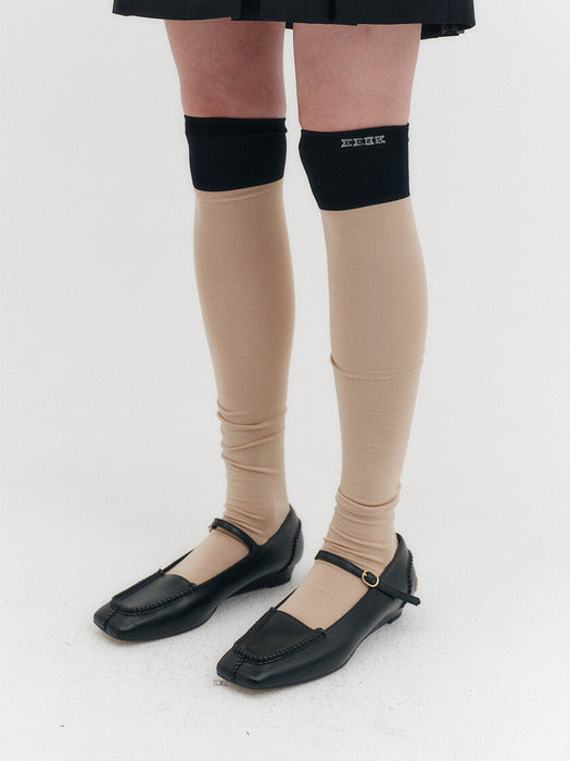 [EENK] Contrast Over-the-Knee Socks - Beige