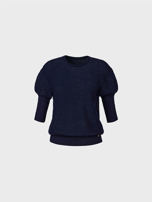 [EENK] Sheer Short Sleeve Knitwear Top - Navy