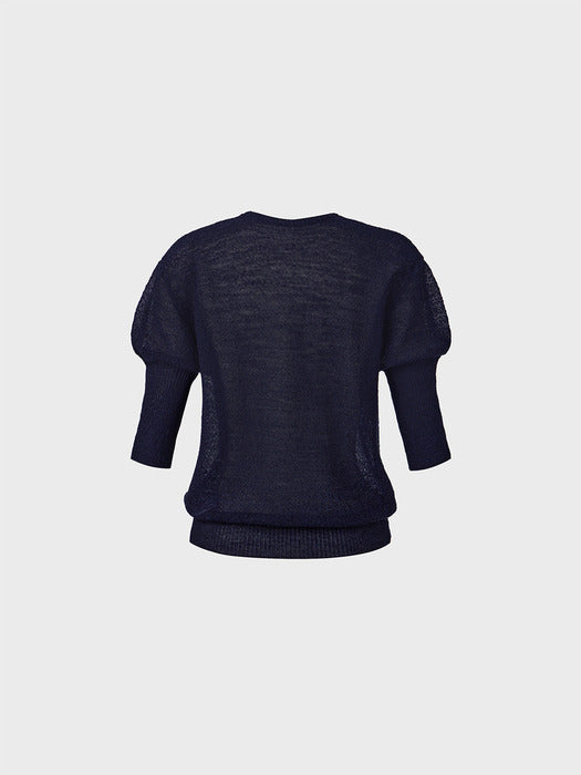 [EENK] Sheer Short Sleeve Knitwear Top - Navy