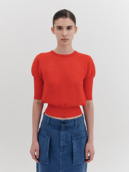 [EENK] Sheer Short Sleeve Knitwear Top - Red