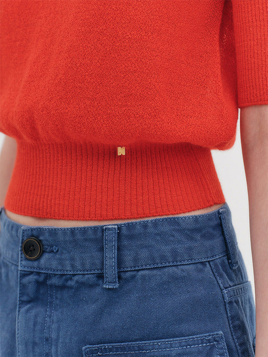 [EENK] Sheer Short Sleeve Knitwear Top - Red