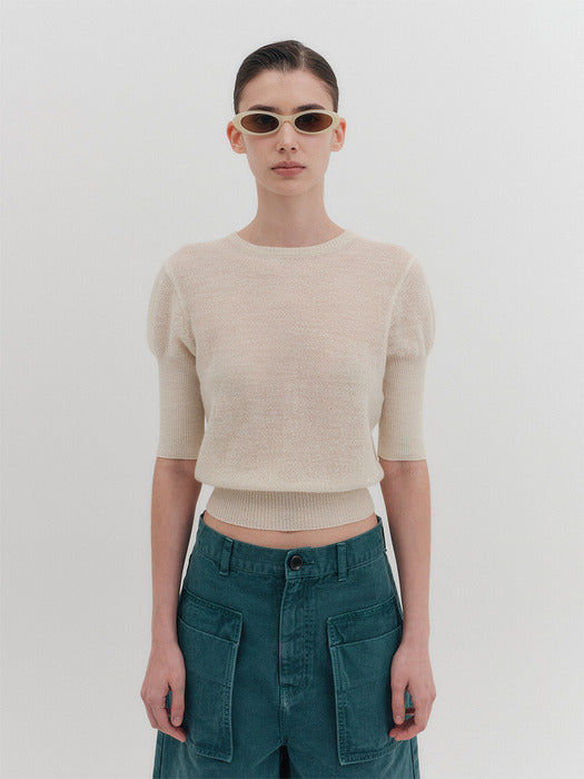 [EENK] Sheer Short Sleeve Knitwear Top - Cream