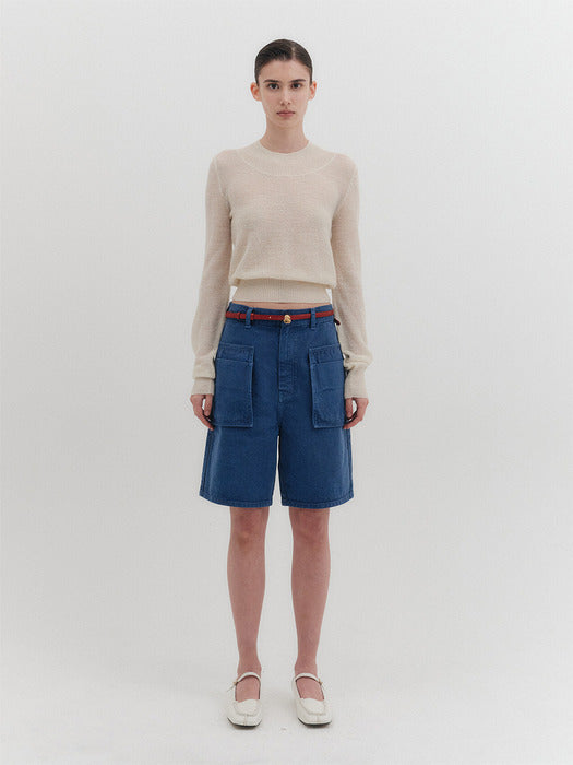 [EENK] Sheer Short Sleeve Knitwear Top - Cream