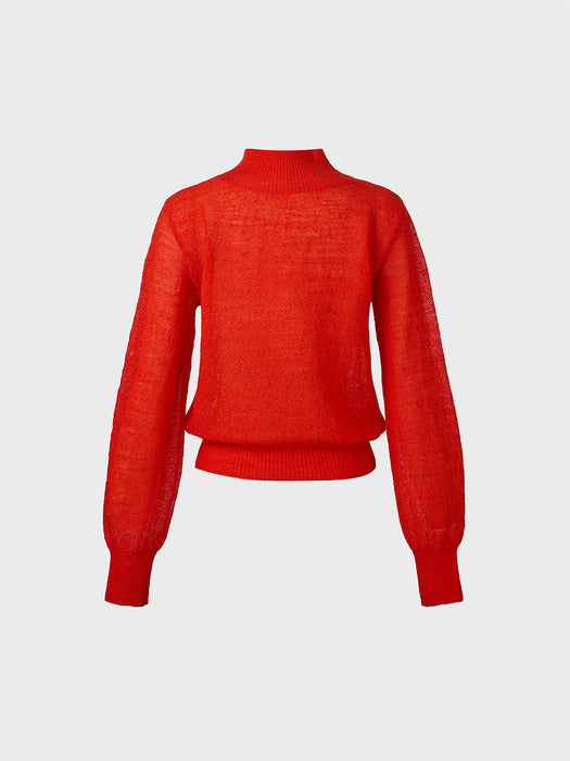 [EENK] Sheer Long Sleeve Knitwear Top - Red