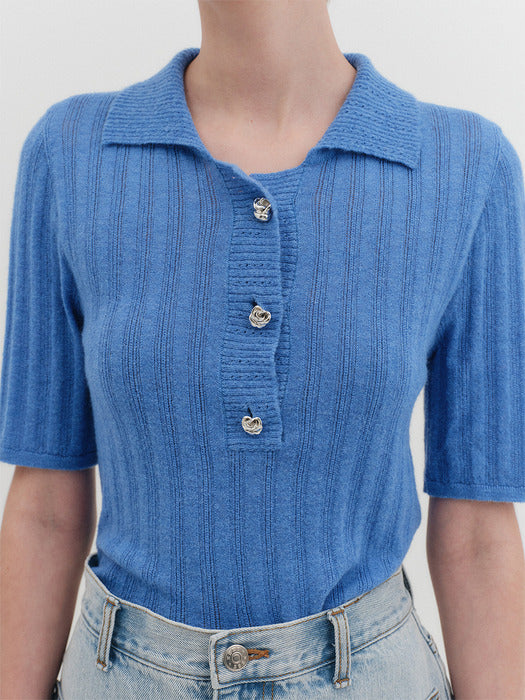 Eenk Rose Button Knitwear Top - Blue