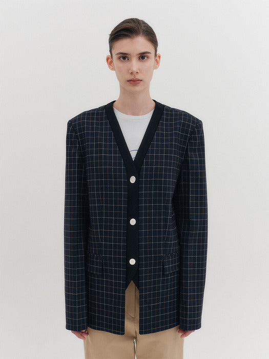 [EENK] V-neck Single Button Jacket - Navy