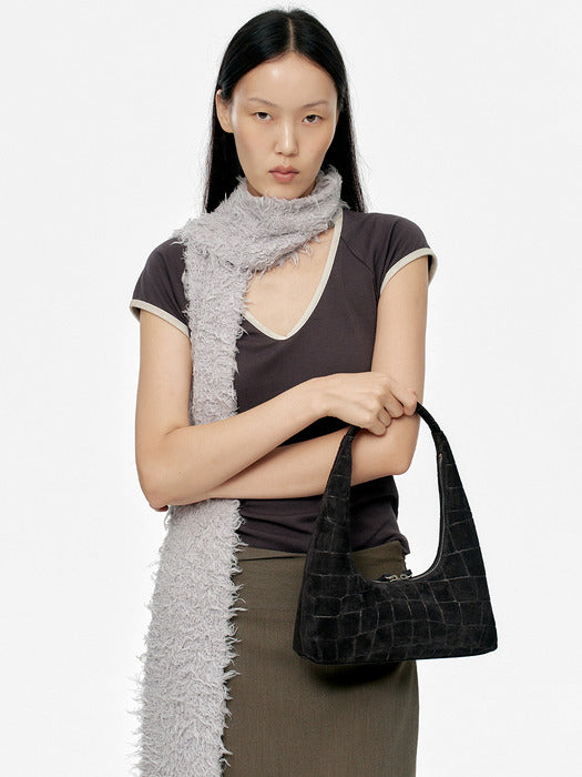 HOBO SHOULDER_black croc-effect suede