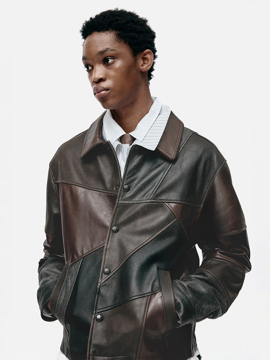 [andersson bell] UNISEX PATCHWORK LEATHER JACKET awa730u(BLACK/BROWN)