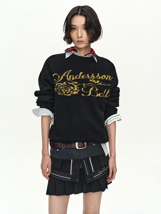 [andersson bell] UNISEX CASHMERE ROSE CREW-NECK SWEATER atb1372u(BLACK)