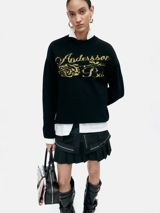 [andersson bell] UNISEX CASHMERE ROSE CREW-NECK SWEATER atb1372u(BLACK)