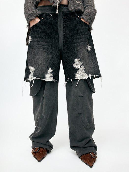 [andersson bell] UNISEX RUGGED DENIM-INSET SWEATPANTS apa861u(BLACK)