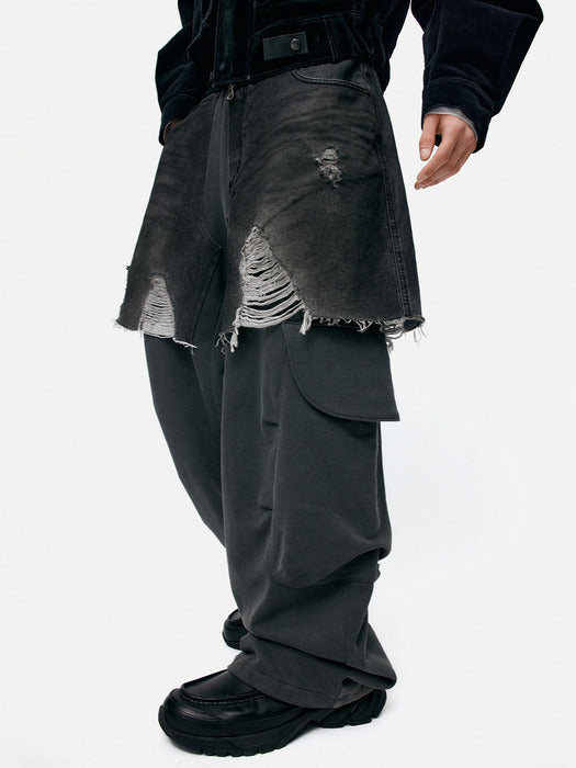 [andersson bell] UNISEX RUGGED DENIM-INSET SWEATPANTS apa861u(BLACK)