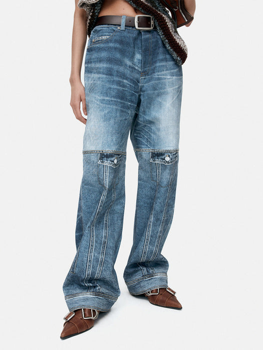 [andersson bell] UNISEX CUSTOM-LIKE PRINTED DENIM PANTS apa842u(MID BLUE)