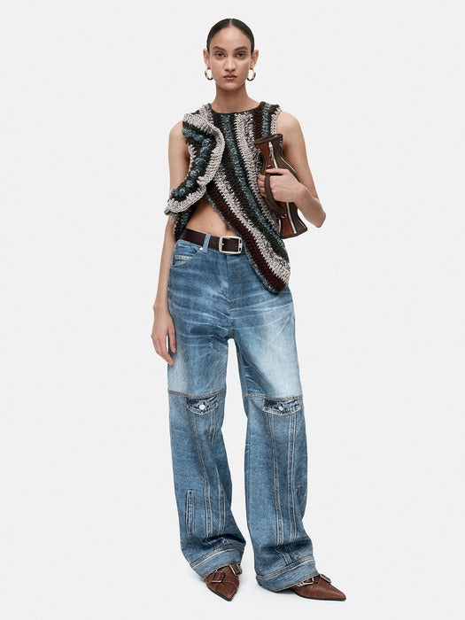 [andersson bell] UNISEX CUSTOM-LIKE PRINTED DENIM PANTS apa842u(MID BLUE)