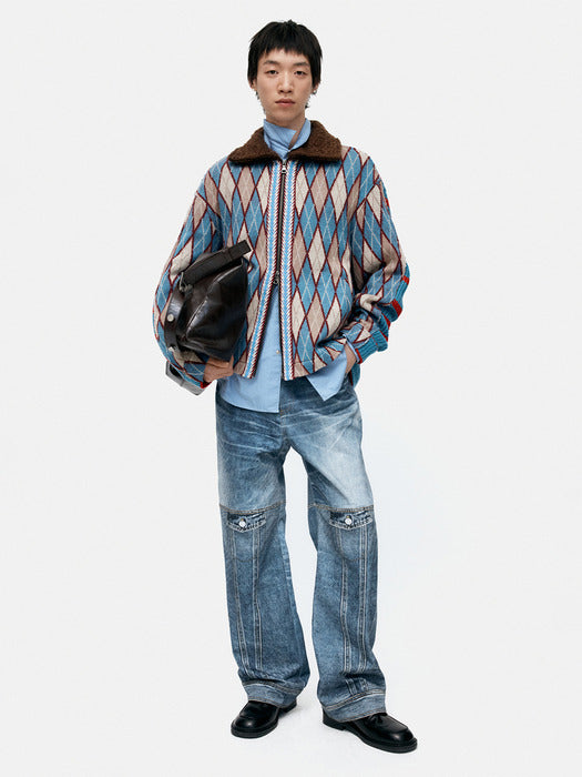 [andersson bell] UNISEX CUSTOM-LIKE PRINTED DENIM PANTS apa842u(MID BLUE)